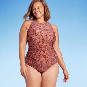 New Kona Sol Spotted Print High Neck Ruched One Piece Swimsuit Woman's 16